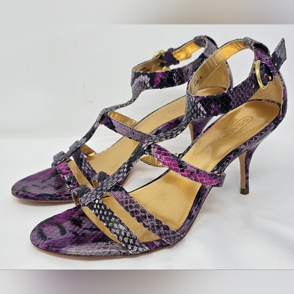Coach Shoes - Coach Hayden Leather Violet Pink Blk Python Print Open Toe T-Strap Heels Size 7B